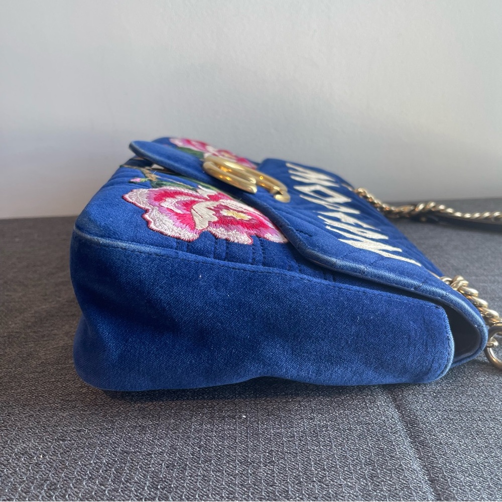 Gucci Blue Quilted Velvet Embroidered MODERN Medium Marmont Bag - Preowned - Picture 6 of 16